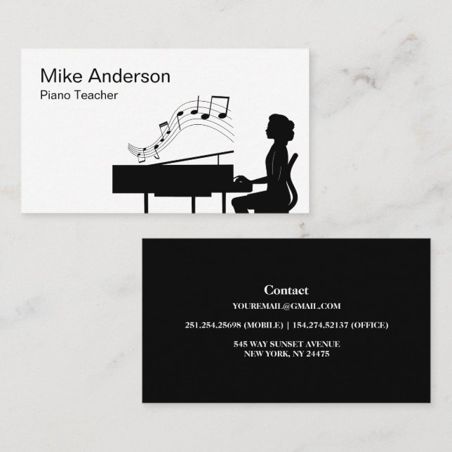 Moderne Schwarz-Weiß-Piano-Teacher-Visitenkarte Visitenkarte (Vorne/Hinten)