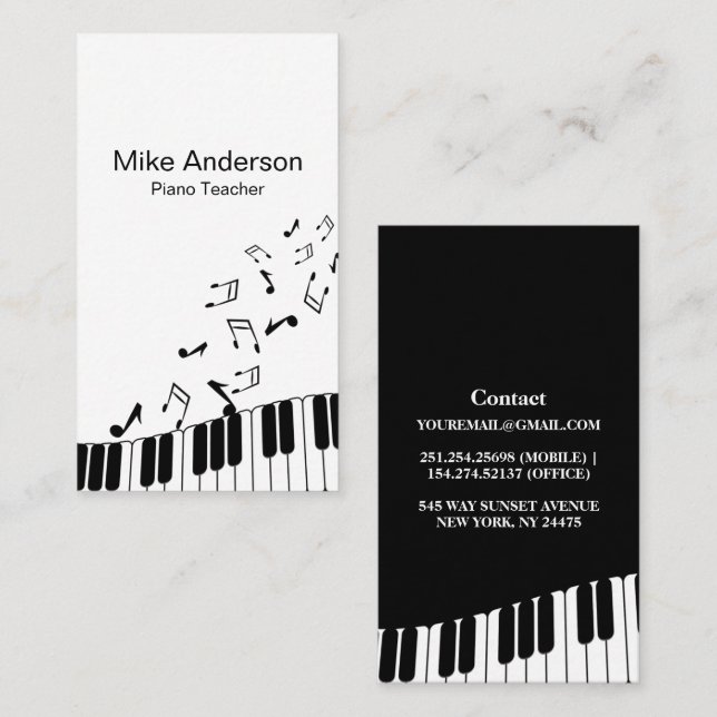 Moderne Schwarz-Weiß-Piano-Teacher-Visitenkarte Visitenkarte (Vorne/Hinten)