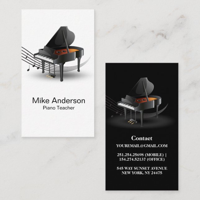 Moderne Schwarz-Weiß-Piano-Teacher-Visitenkarte Visitenkarte (Vorne/Hinten)