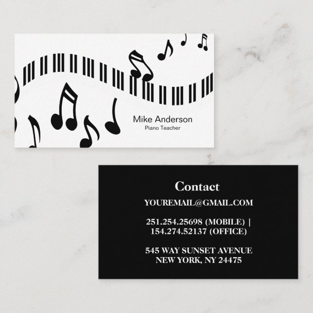 Moderne Schwarz-Weiß-Piano-Teacher-Visitenkarte Visitenkarte (Vorne/Hinten)