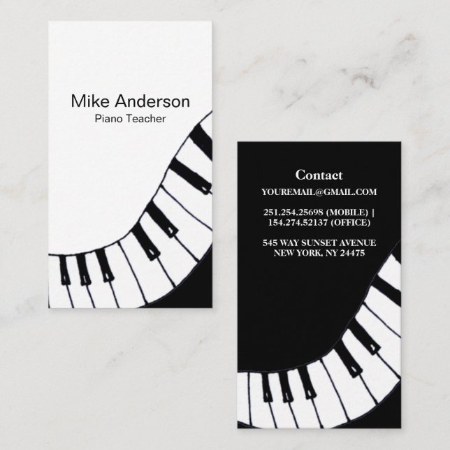 Moderne Schwarz-Weiß-Piano-Teacher-Visitenkarte Visitenkarte (Vorne/Hinten)