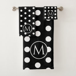 Moderne Schwarz-Weiß-Polka-Dots-Monogramm Badhandtuch Set