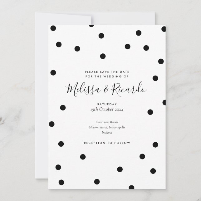 Moderne Schwarz-Weiß-Polka-Punkte Save the Date (Vorderseite)