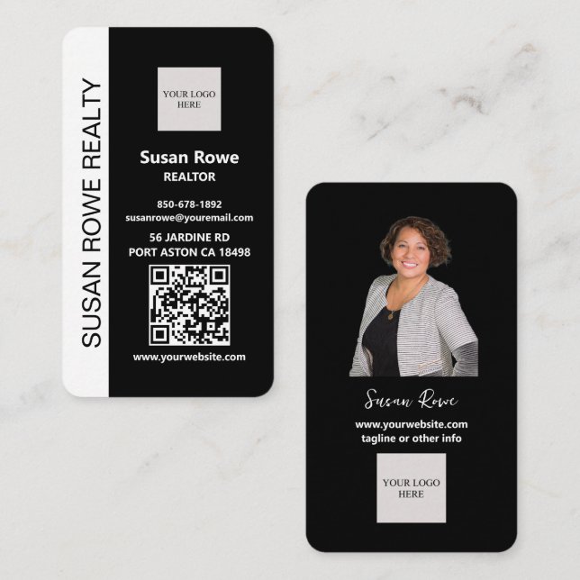 Moderne Schwarz-Weiß-QR-Code-Foto Visitenkarte (Vorne/Hinten)