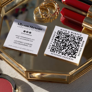 Moderne Schwarz-Weiß-QR-Code-Frisuren- und Make-up Quadratische Visitenkarte