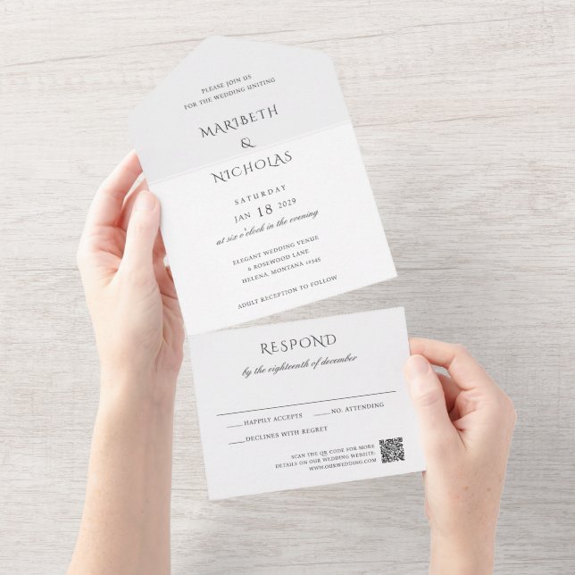 Moderne Schwarz-Weiß-QR-Code Klassische Hochzeit All In One Einladung (Abreißen)