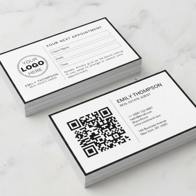 Moderne Schwarz-Weiß-QR-Code-Termin-Erinnerung Terminkarte (Minimalist QR Code Appointment Reminder Business Card)