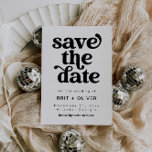 Moderne Schwarz-Weiß-Retro-Hochzeit rettet das Dat Einladung<br><div class="desc">Dies ist eine moderne minimalistische 70er Jahre inspiriert Save the Date Einladung mit einem Sans Serif Schriftart und groovy Vintagen Schriftart. Bearbeiten Sie alle Formulierungen mit Ausnahme der "Save the Date" und der "formellen Aufforderung zur Weiterverfolgung" Save the Date. Alle Farben sind ebenfalls editierbar. // Für passende Designs, suchen Sie...</div>