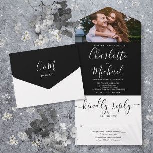 Moderne Schwarz-Weiß-Schrift-Foto-Hochzeit All In One Einladung
