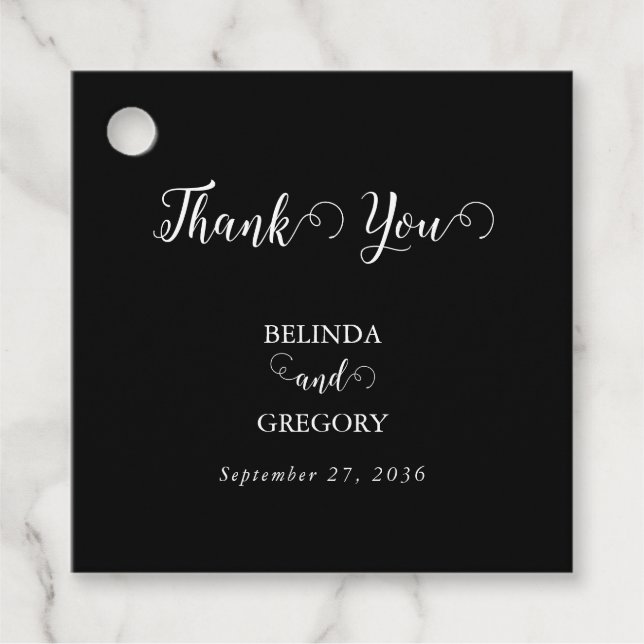 Moderne Schwarz-Weiß-Script-Couple-Foto-Hochzeit Geschenkanhänger (Vorderseite)