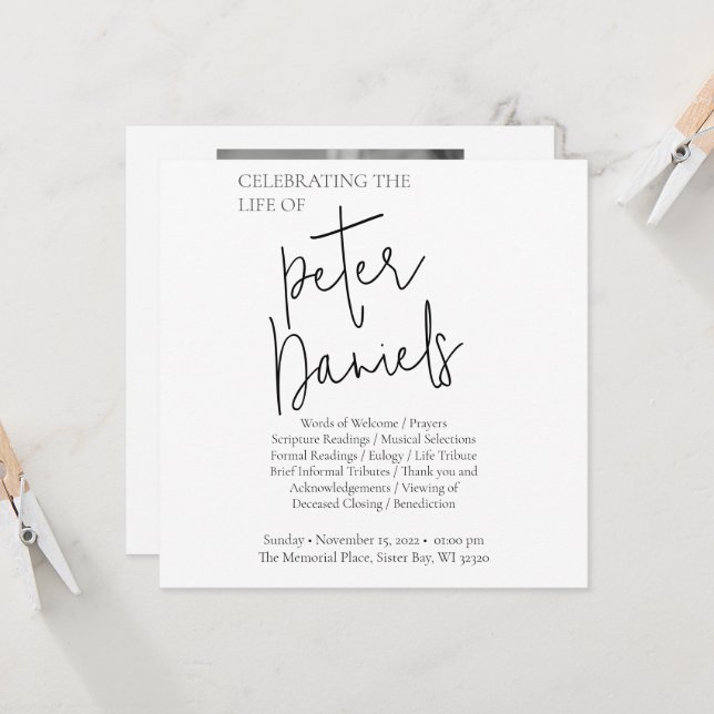 Moderne Schwarz-Weiß-Script-Foto-Beerdigungskarte (Vorderseite/Rückseite Beispiel)