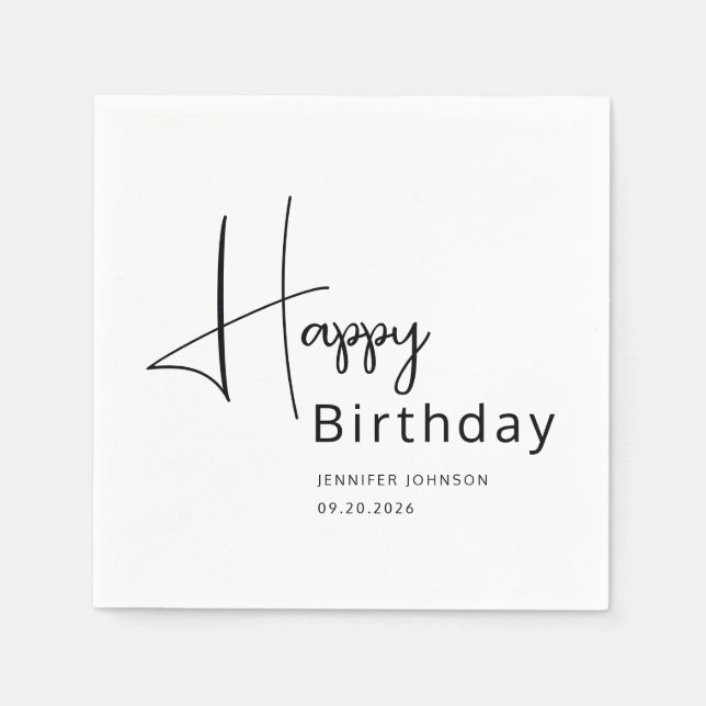 Moderne Schwarz-Weiß-Script-Geburtstag Serviette (Vorderseite)