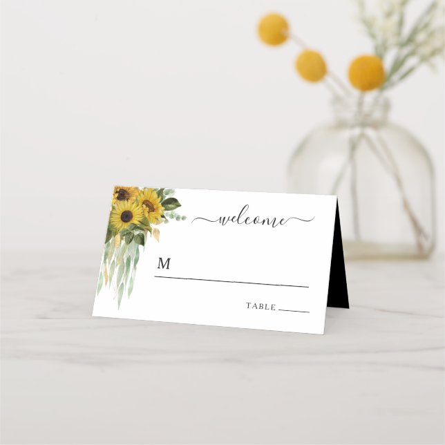 Moderne Schwarz-Weiß-Sonnenblumen-Hochzeit Platzkarte (Vorderseite)