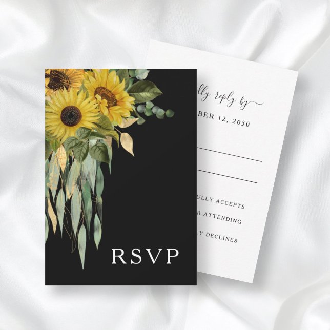 Moderne Schwarz-Weiß-Sonnenblumen-Hochzeit RSVP Karte (Von Creator hochgeladen)