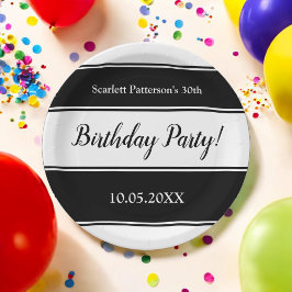 Moderne Schwarz-Weiß Streifen Elegant Geburtstag Pappteller