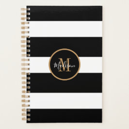 Moderne Schwarz-Weiß Streifen Gold Monogramm Planer