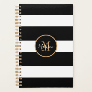 Moderne Schwarz-Weiß Streifen Gold Monogramm Planer