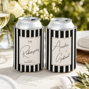 Moderne Schwarz-Weiß-Streifen-Kalligrafie-Hochzeit Dosenkühler