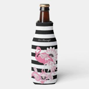 Moderne Schwarz-Weiß Streifen rosa Flamingo Flaschenkühler