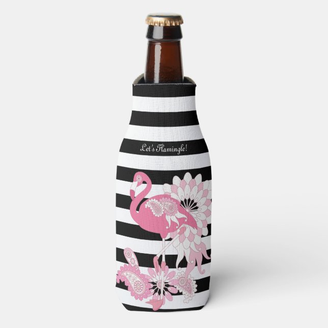 Moderne Schwarz-Weiß Streifen rosa Flamingo Flaschenkühler (Flaschenvorderseite)