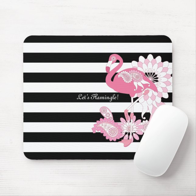 Moderne Schwarz-Weiß Streifen rosa Flamingo Mousepad (Mit Mouse)