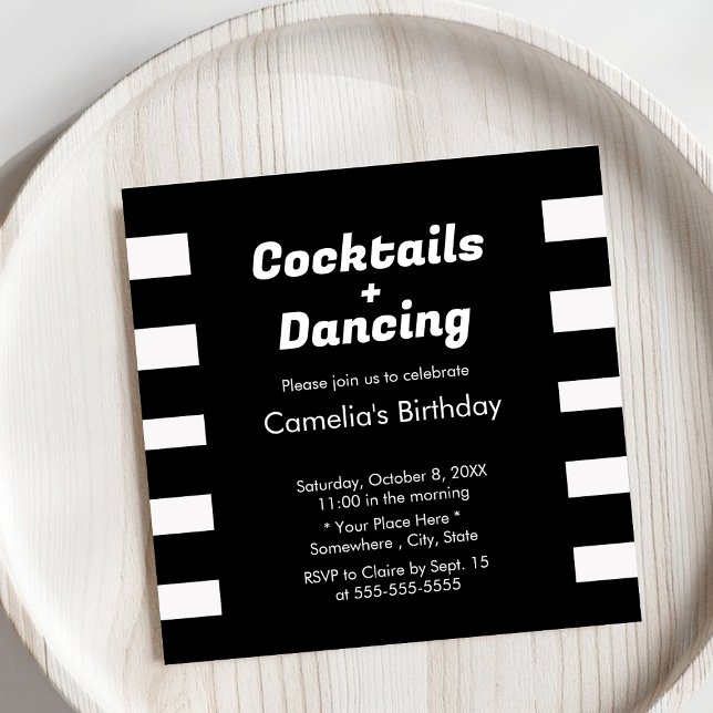 Moderne Schwarz-Weiß-Streifen Typografie Geburtsta Einladung (Von Creator hochgeladen)