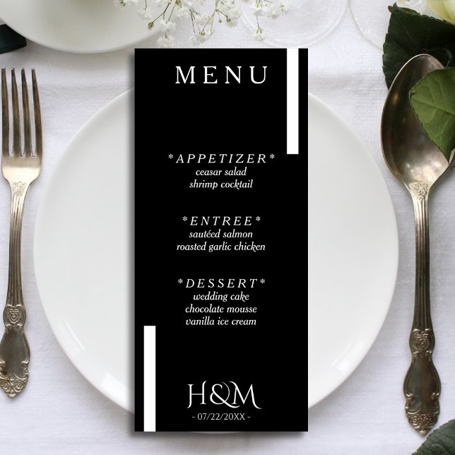 Moderne Schwarz-Weiß-Strickhochzeitung Menükarte (black and white wedding menu)