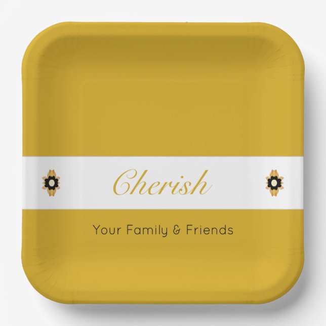 Moderne Schwarz-Weiß-Szene mit goldfarbenem Platz Pappteller (Vorderseite)