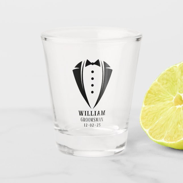 Moderne Schwarz-Weiß-Tuxedo-Trauzeuge-Geschenke Schnapsglas (Vorderseite)