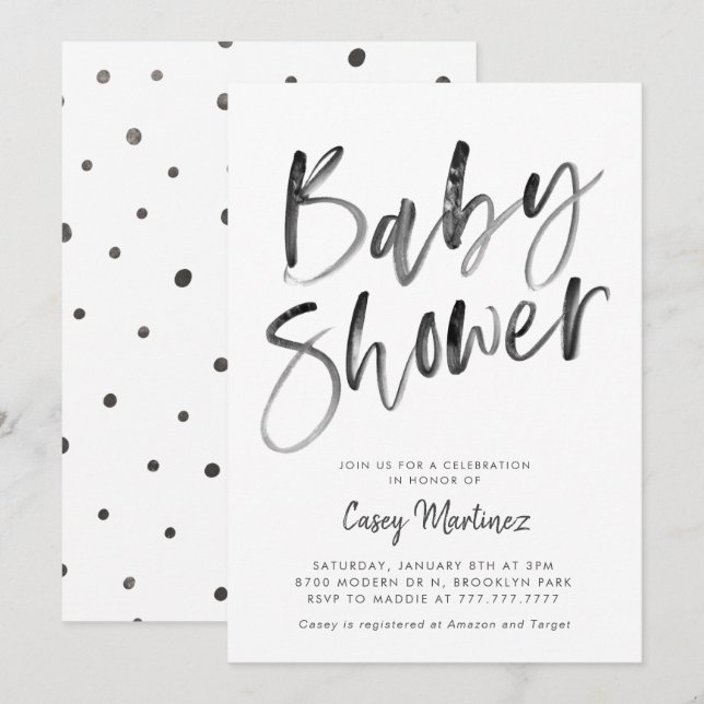 Moderne Schwarz-Weiß-Typografie-Babydusche Einladung (Vorne/Hinten)