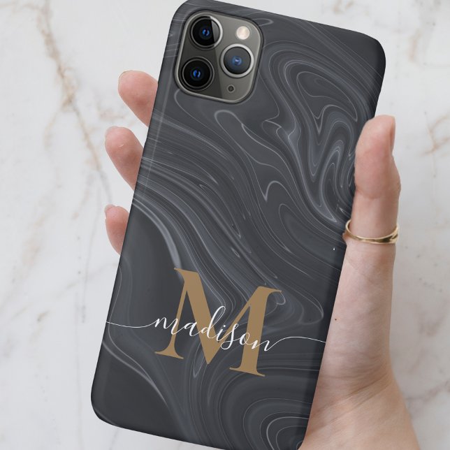 Moderne Schwarz-, Weiß- und Gold-Monogramm-Marmor Case-Mate iPhone Hülle (Modern Black, White and Gold Monogram Marble Case-Mate iPhone Case)