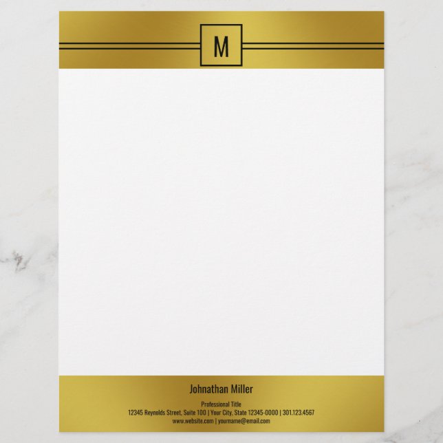 Moderne Schwarz-weiß- und Goldmonogramm-Vorlage Briefbogen (Vorderseite)