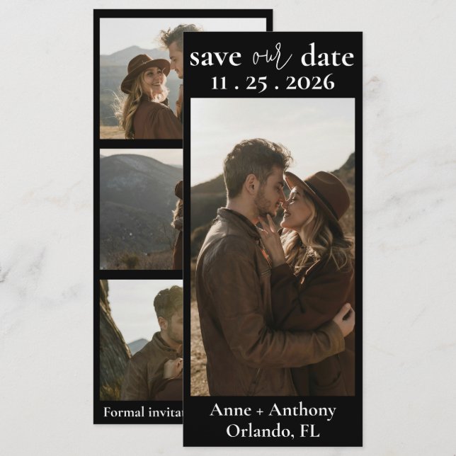 Moderne Schwarz-Weiß-Vier-Fotos Save the Date (Vorne/Hinten)