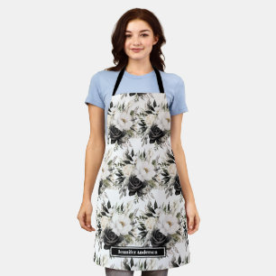 Moderne Schwarz-Weiß-Wasserfarben-Blumen-Schürze Schürze