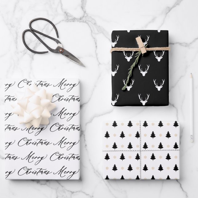 Moderne Schwarz-Weiß-Weihnachtsbäume & Rentier Geschenkpapier Set (Vorderseite)