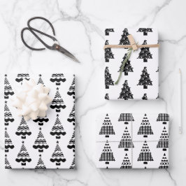 Moderne Schwarz-Weiß-Weihnachtsbaumen Geschenkpapier Set