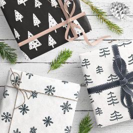 Moderne Schwarz-Weiß Weihnachtsbaumen Schneeflocke Geschenkpapier Set