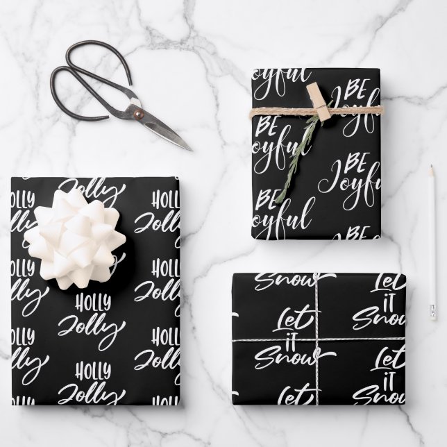 Moderne Schwarz-Weiß-Weihnachtszitate Geschenkpapier Set (Vorderseite)