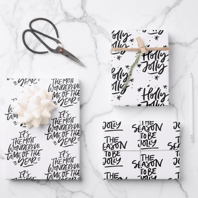 Moderne Schwarz-Weiß-Weihnachtszitate Geschenkpapier Set (Vorderseite)