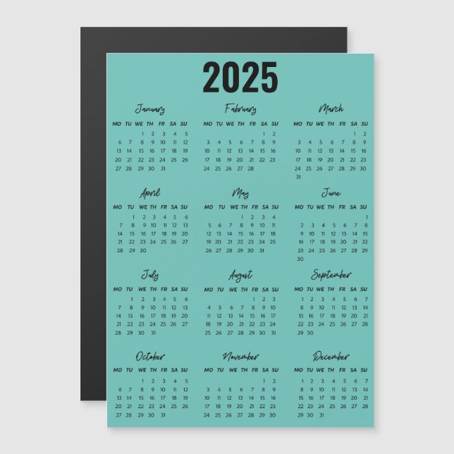 Moderne Schwarz-weiße 2025 Kalender Volljahresperi Magnetkarte (Vorne/Hinten)