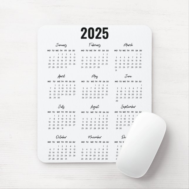 Moderne Schwarz-weiße 2025 Kalender Volljahresperi Mousepad (Mit Mouse)