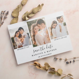 Moderne Schwarz-weiße 3-Foto-Hochzeit rettet das D Magneteinladung