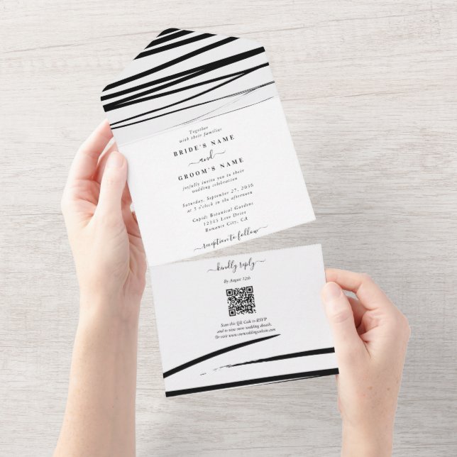 Moderne Schwarz-weiße Abstrakte Hochzeit All In One Einladung (Abreißen)