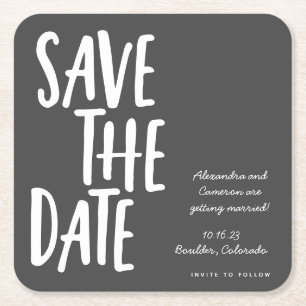 Moderne schwarz-weiße, fettgedruckte Save-the-Date Rechteckiger Pappuntersetzer