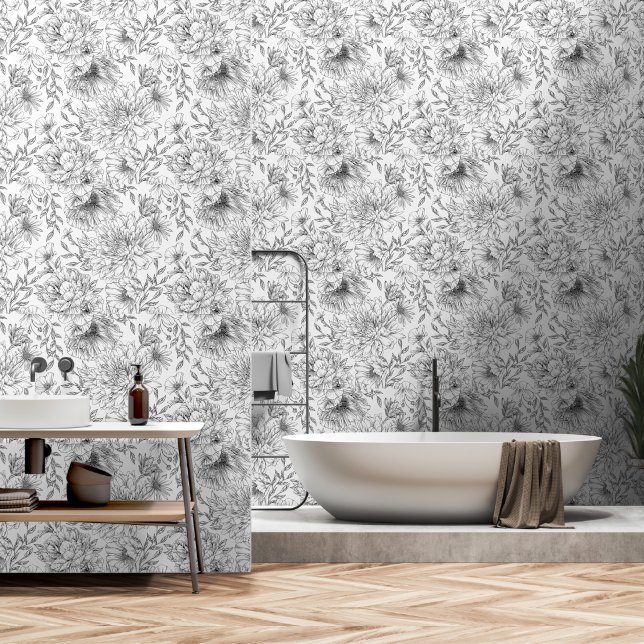 Moderne Schwarz-weiße Florals Lineart Tapete (Badezimmer)