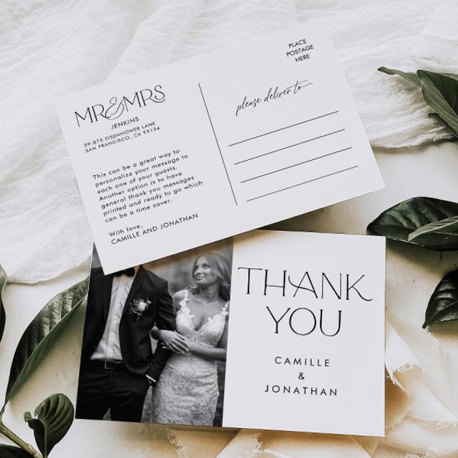 Moderne Schwarz-weiße Foto Hochzeit Vielen Dank Postkarte (Elegant Modern Photo Wedding Thank you Post Card)