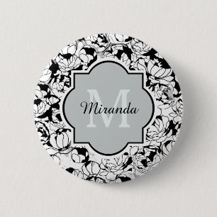 Moderne Schwarz-weiße Girl-Monogramm mit Namen Button