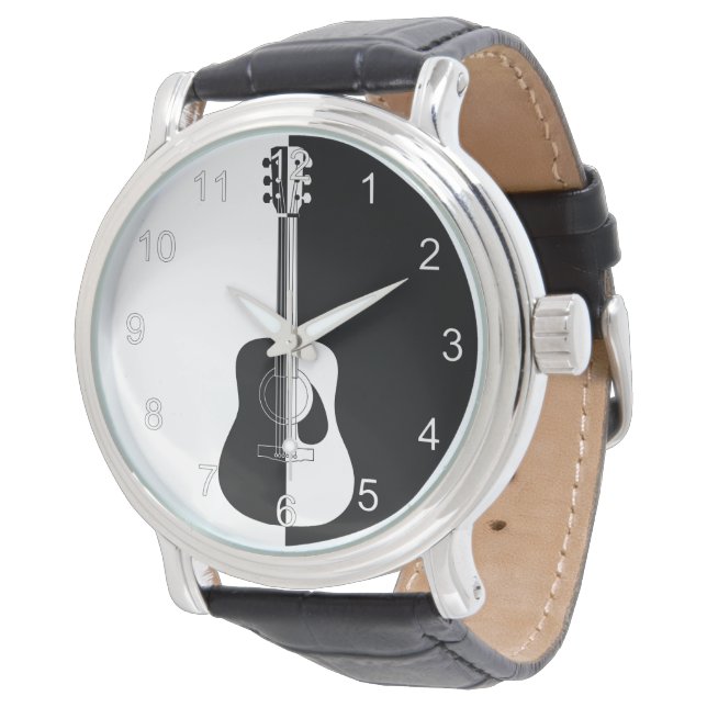 Moderne, schwarz-weiße Gitarre Armbanduhr (Schrägansicht)