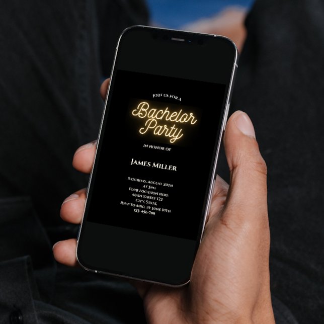 Moderne Schwarz-weiße Gold Bachelor Party Einladung (modern stylish bachelor party invitation black white gold neon sign script)
