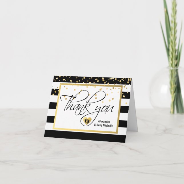 Moderne Schwarz-weiße Gold Foil BABY SHOWER Vielen Dankeskarte (Vorderseite)